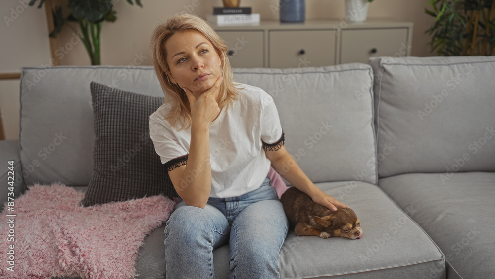 Obraz premium Young blonde woman sitting on a sofa in a living room with a chihuahua dog resting beside her.