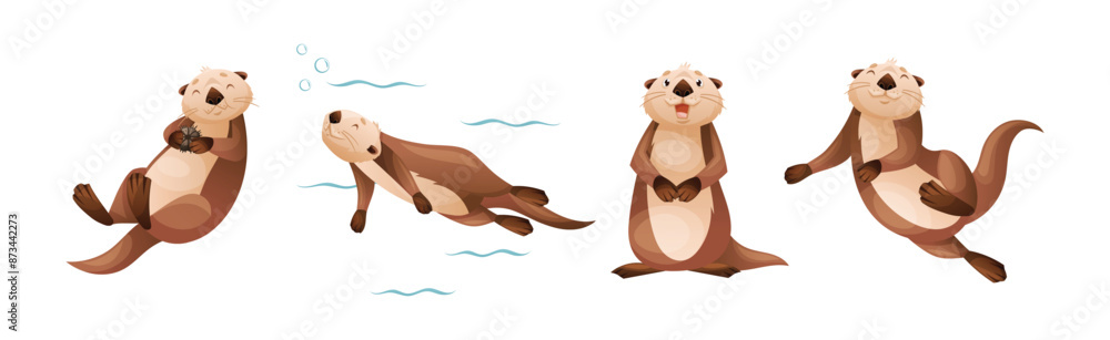 Sea Otter as Marine Mammal and Aquatic Creature with Brown Coat and Long Tail Vector Set Sea Otter as Marine Mammal and Aquatic Creature with Brown Coat and Long Tail Vector Set