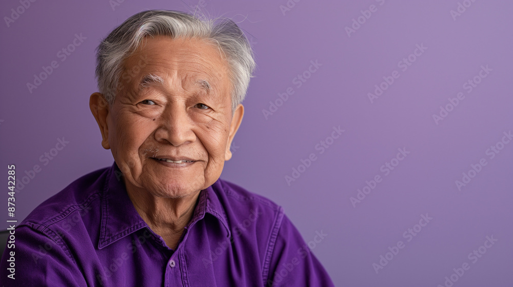 Smiling elderly asian man in a purple shirt against a purple background


