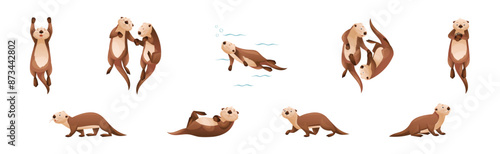Sea Otter as Marine Mammal and Aquatic Creature with Brown Coat and Long Tail Vector Set