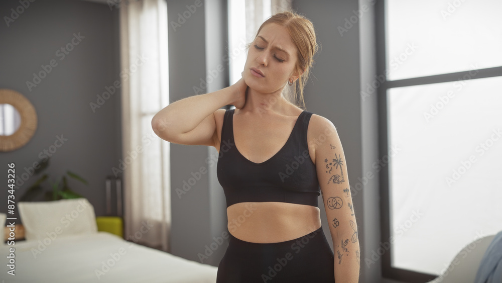 A young tattooed woman stretching in a modern bedroom, expressing discomfort or pain. A young tattooed woman stretching in a modern bedroom, expressing discomfort or pain.