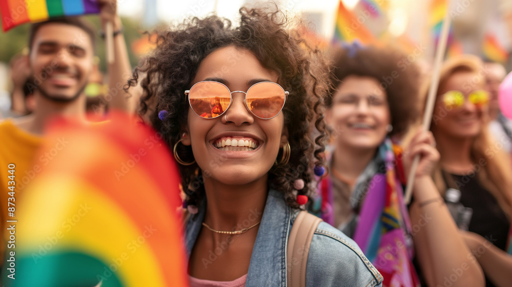 Smiling woman at LGBTQ+ pride parade with rainbow flags
Smiling woman at LGBTQ+ pride parade with rainbow flags