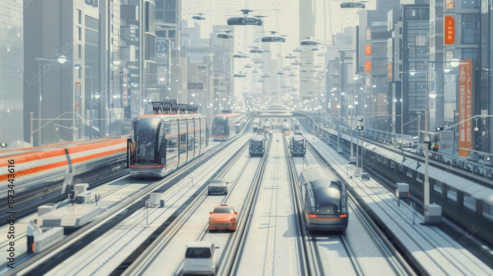On a bustling multilayered highway system an array of advanced transportation modes seamlessly integrates within a sprawling futuristic cityscape Electric cars autonomous buses and highspeed trains mo On a bustling multilayered highway system an array of advanced transportation modes seamlessly integrates within a sprawling futuristic cityscape Electric cars autonomous buses and highspeed trains mo