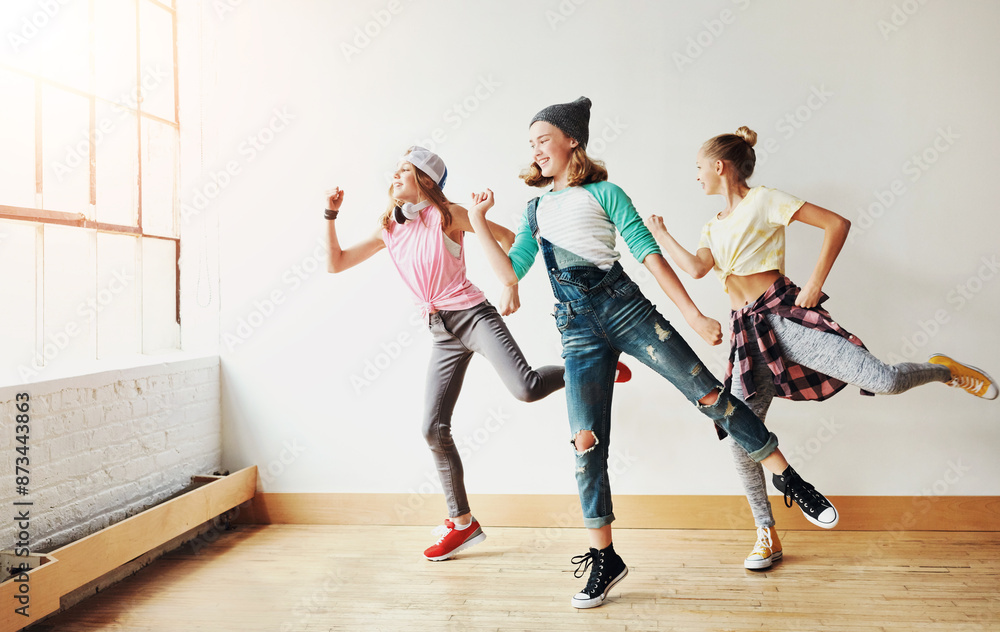 Fototapeta premium Dance, girl group and children with music, studio and rhythm for creative art performance or rehearsal. Smile, culture and happy kids in cool hip hop crew for practice, motion or learning in class