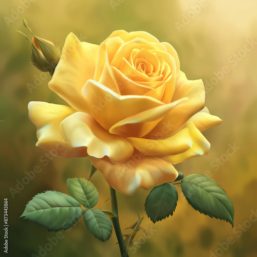 Yellow rose in bloom with green leaves, soft focus background

