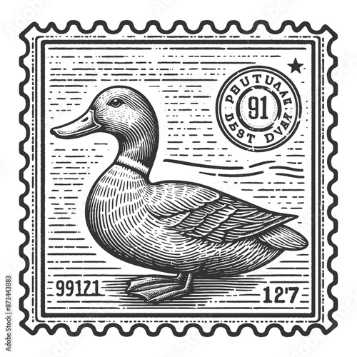 vintage postage stamp featuring a detailed drawing of a duck, with classic postal design elements sketch engraving generative ai vector illustration. Scratch board imitation. Black and white image.
