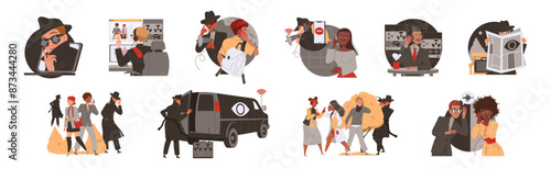 Special Services Spying and Monitoring People with Man in Black Hat Vector Set