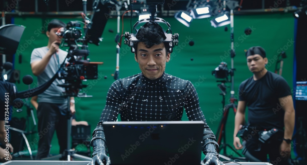 Actor in motion capture suit on film set with green screen background ...