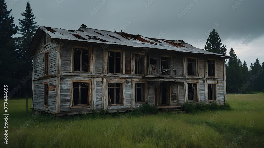 Old two-story abandoned wooden house in a field on the edge of the forest behind it pine trees gloomy cloudy sky