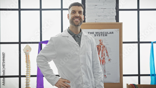 Handsome hispanic man in labcoat smiling in a physiotherapy clinic with anatomy poster.