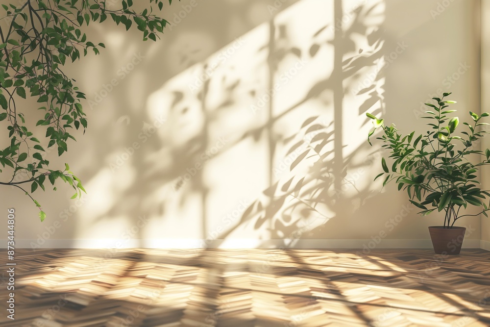 A room with a large window and a potted plant. The sunlight is shining on the plant, creating a shadow on the wall. The room is empty, with no furniture or decorations A room with a large window and a potted plant. The sunlight is shining on the plant, creating a shadow on the wall. The room is empty, with no furniture or decorations