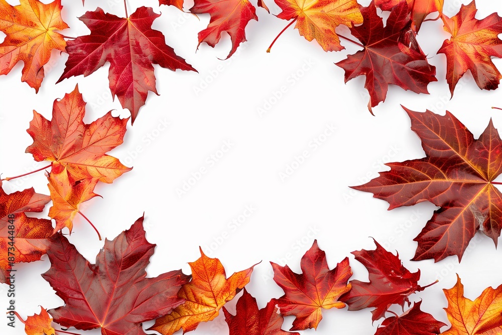 Fototapeta premium A white background with a large circle of red leaves surrounding it. The leaves are of different sizes and colors, creating a sense of depth and movement. Scene is warm and inviting