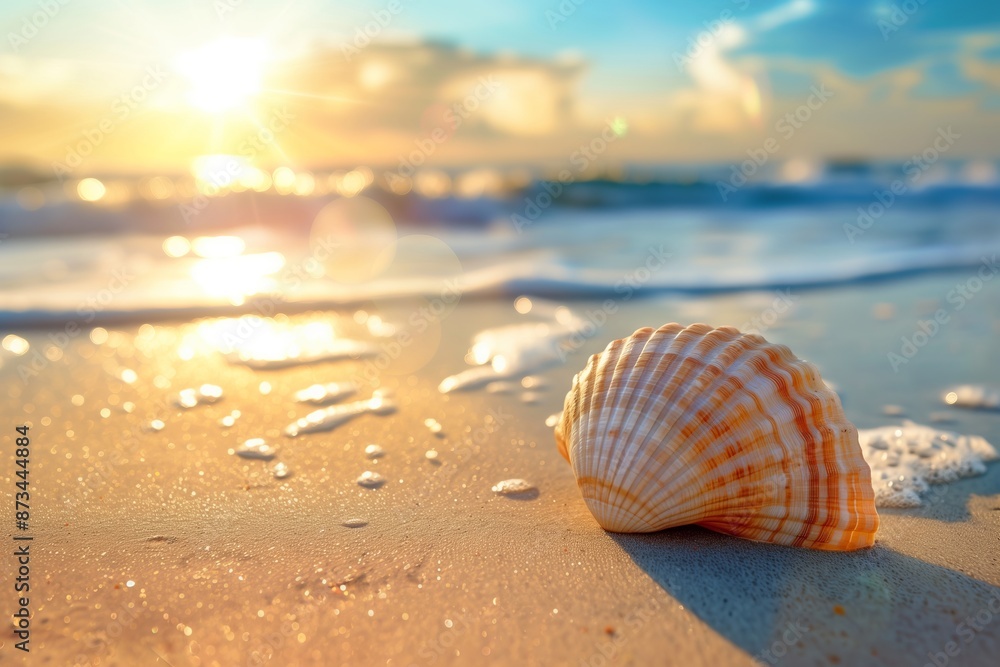 A seashell is laying on the beach, with the sun shining on it. The scene is peaceful and serene, with the ocean in the background A seashell is laying on the beach, with the sun shining on it. The scene is peaceful and serene, with the ocean in the background