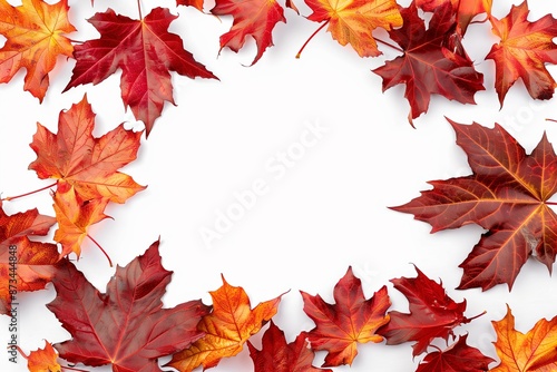 A white background with a large circle of red leaves surrounding it. The leaves are of different sizes and colors, creating a sense of depth and movement. Scene is warm and inviting