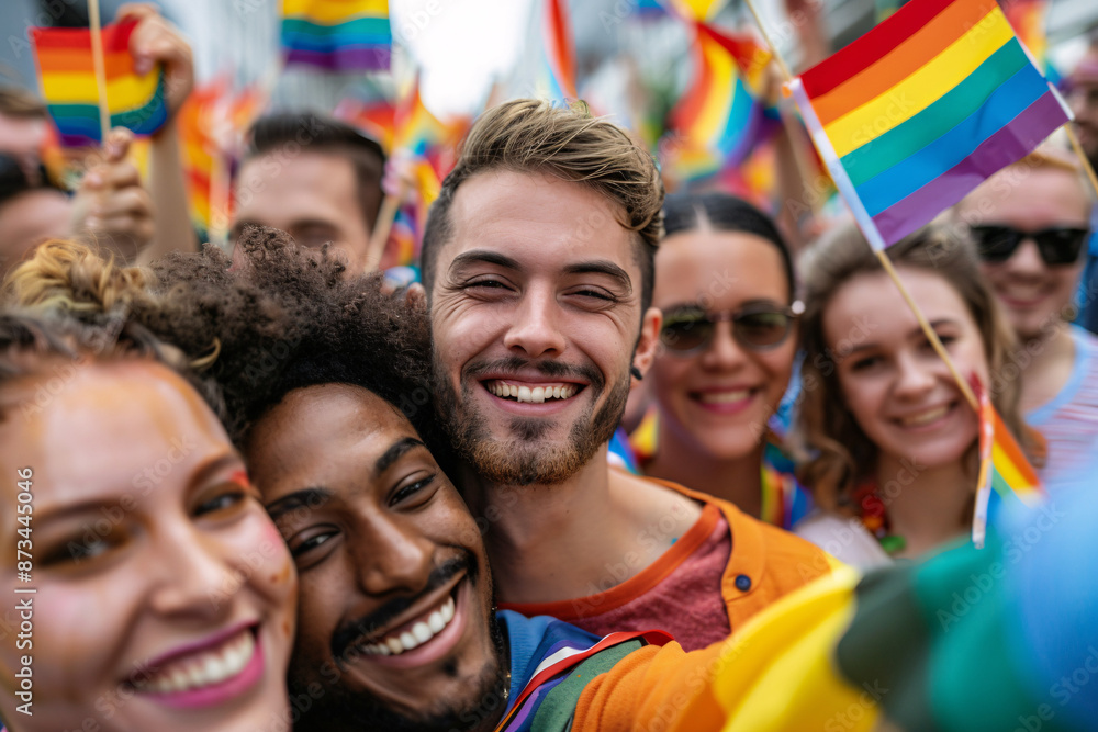 Cheerful selfie of a group of LGBTQIA people in a protest Cheerful selfie of a group of LGBTQIA people in a protest