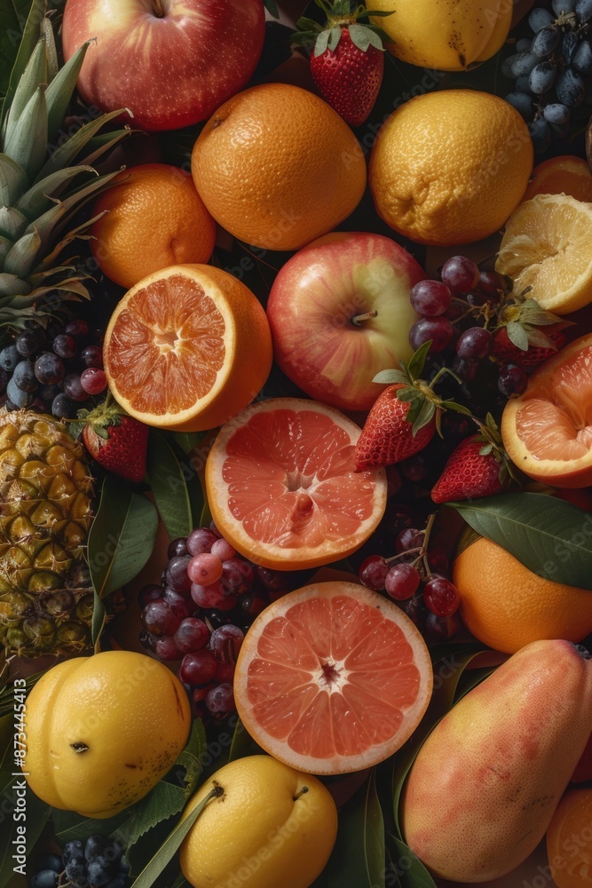 A close up of a variety of fruits including apples, oranges, and strawberries. Concept of abundance and freshness, as the fruits are displayed in a visually appealing manner A close up of a variety of fruits including apples, oranges, and strawberries. Concept of abundance and freshness, as the fruits are displayed in a visually appealing manner