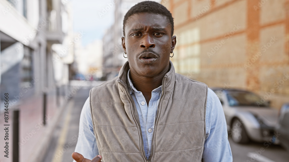 A confident african man with earrings stands on a vibrant city street, exuding modern urban style. A confident african man with earrings stands on a vibrant city street, exuding modern urban style.