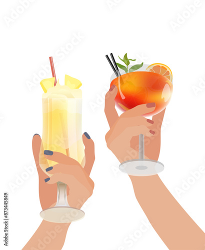 Aperol and pina colada cocktails in the hands of women. Women enjoy cocktails.	