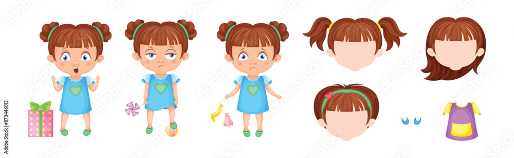 Cute Girl in Pretty Dress with Hairstyle Pose and Emotion Vector Set Cute Girl in Pretty Dress with Hairstyle Pose and Emotion Vector Set