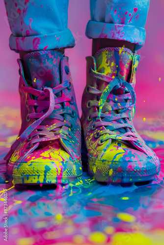 A burst of summer vibes in a vibrant photo showcasing colorful sneakers with splashes of paint