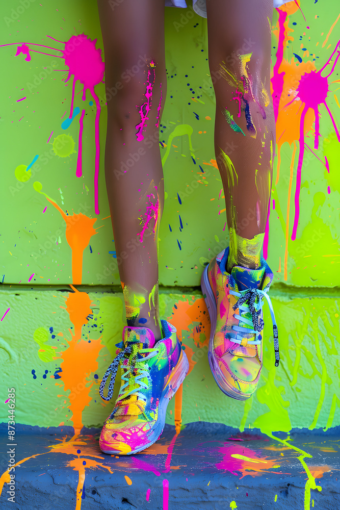 Obraz premium A burst of summer vibes in a vibrant photo showcasing colorful sneakers with splashes of paint