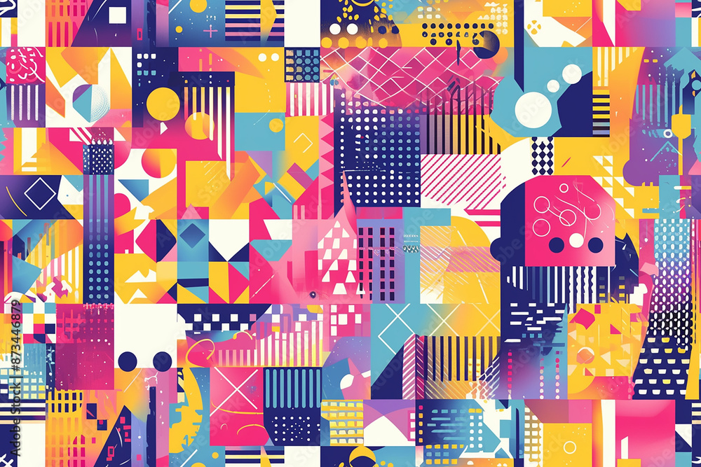 Seamless geometric pattern with vibrant shapes in various colors. The ...