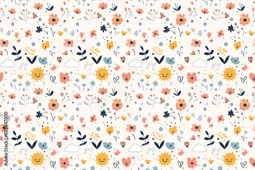 Seamless pattern with simple, cute flowers and smiling suns in pastel colors on a light background. The design is adorable and charming, suitable for children's products.