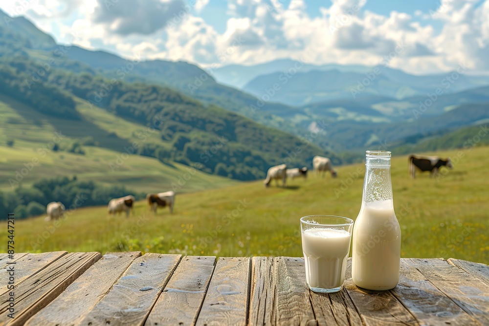 Milk on table on background of meadow with cows