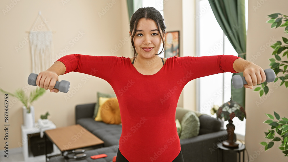 Hispanic woman exercising with dumbbells in a cozy living room Hispanic woman exercising with dumbbells in a cozy living room