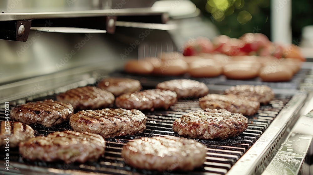 A close-up of a hot grill with several grilled burgers cooking on the grates A close-up of a hot grill with several grilled burgers cooking on the grates