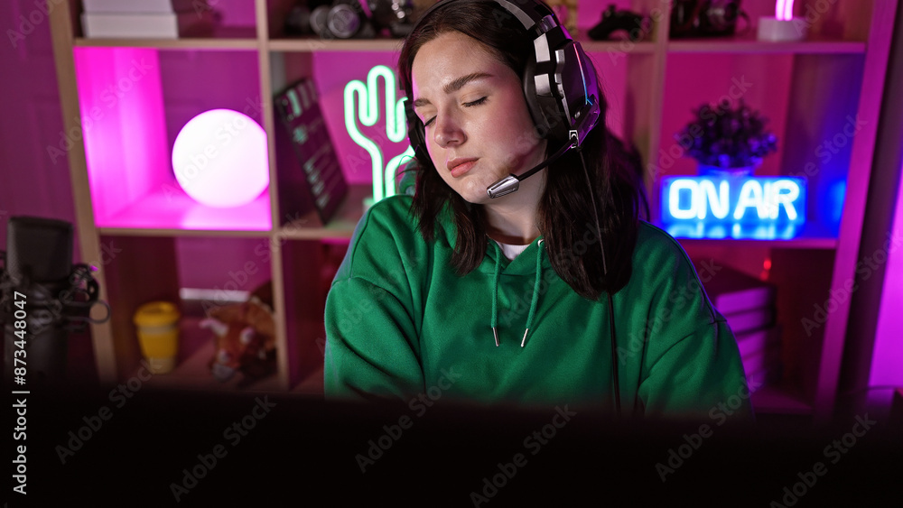 A contemplative young woman wearing a headset in a vibrant gaming room with neon lights at night. A contemplative young woman wearing a headset in a vibrant gaming room with neon lights at night.