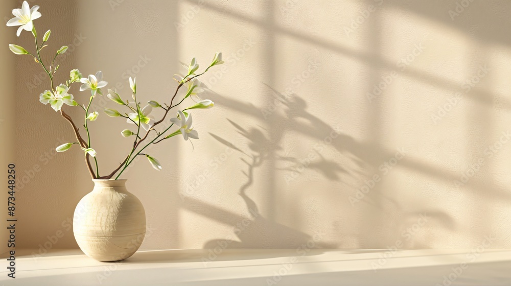 A minimalist setup with a single vase, a few fresh flowers, and a clean, neutral-colored table A minimalist setup with a single vase, a few fresh flowers, and a clean, neutral-colored table