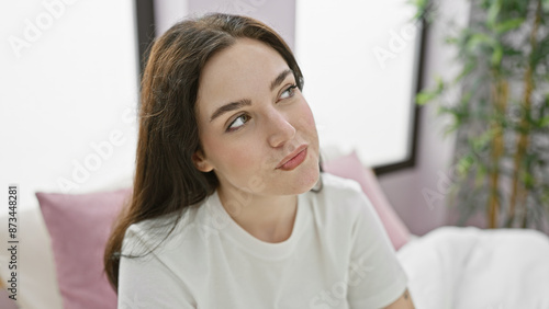 Free Download A thoughtful young caucasian woman sits indoors, her gaze suggesting contemplation against a cozy bedroom backdrop. - GFXLoad
