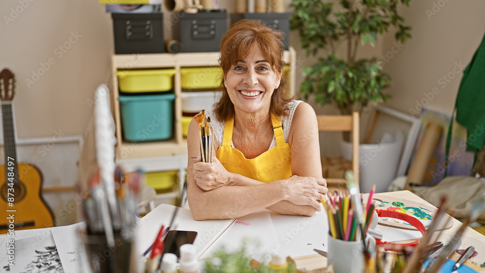 Smiling mature woman artist in yellow apron indoors studio with brushes Smiling mature woman artist in yellow apron indoors studio with brushes