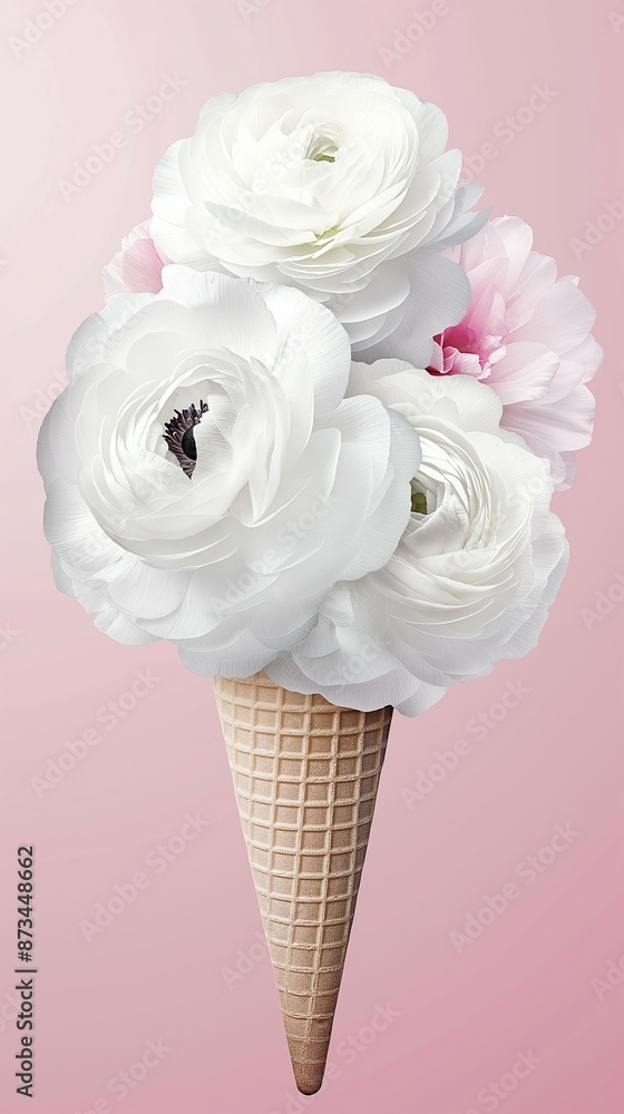 Bouquet of white and pink flowers arranged inside a waffle cone against a soft pink background. Creative summer refreshment concept. Bouquet of white and pink flowers arranged inside a waffle cone against a soft pink background. Creative summer refreshment concept.