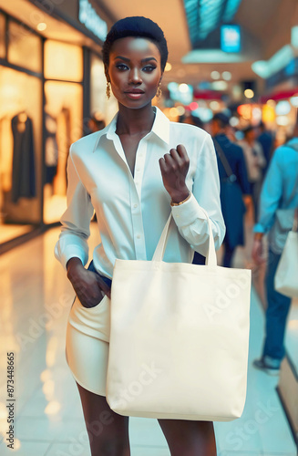 Obraz na płótnie Beautiful female African American model holding blank white tote shopping bag mock up in shopping mall, fashion and lifestyle background, copy space area w salonie