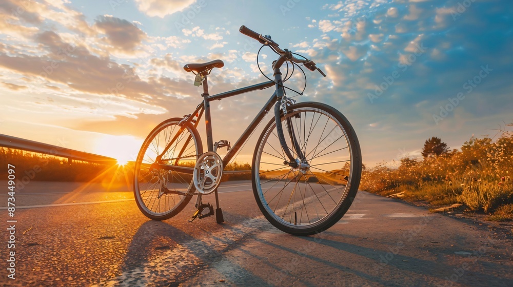 Fototapeta premium A sleek, modern bicycle on a clean, open road with a clear sky above
