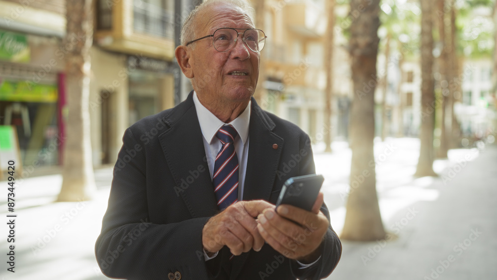 Elderly caucasian man standing on a sunny city street using a mobile phone Elderly caucasian man standing on a sunny city street using a mobile phone