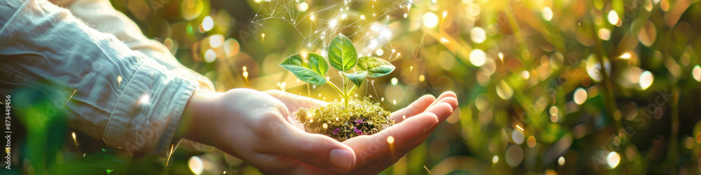Fototapeta premium Person Holding Small Plant With Light