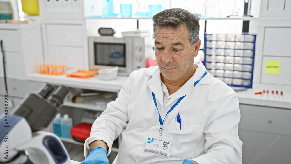 A mature man in a laboratory wearing a lab coat and gloves examining a sample with a microscope. A mature man in a laboratory wearing a lab coat and gloves examining a sample with a microscope.