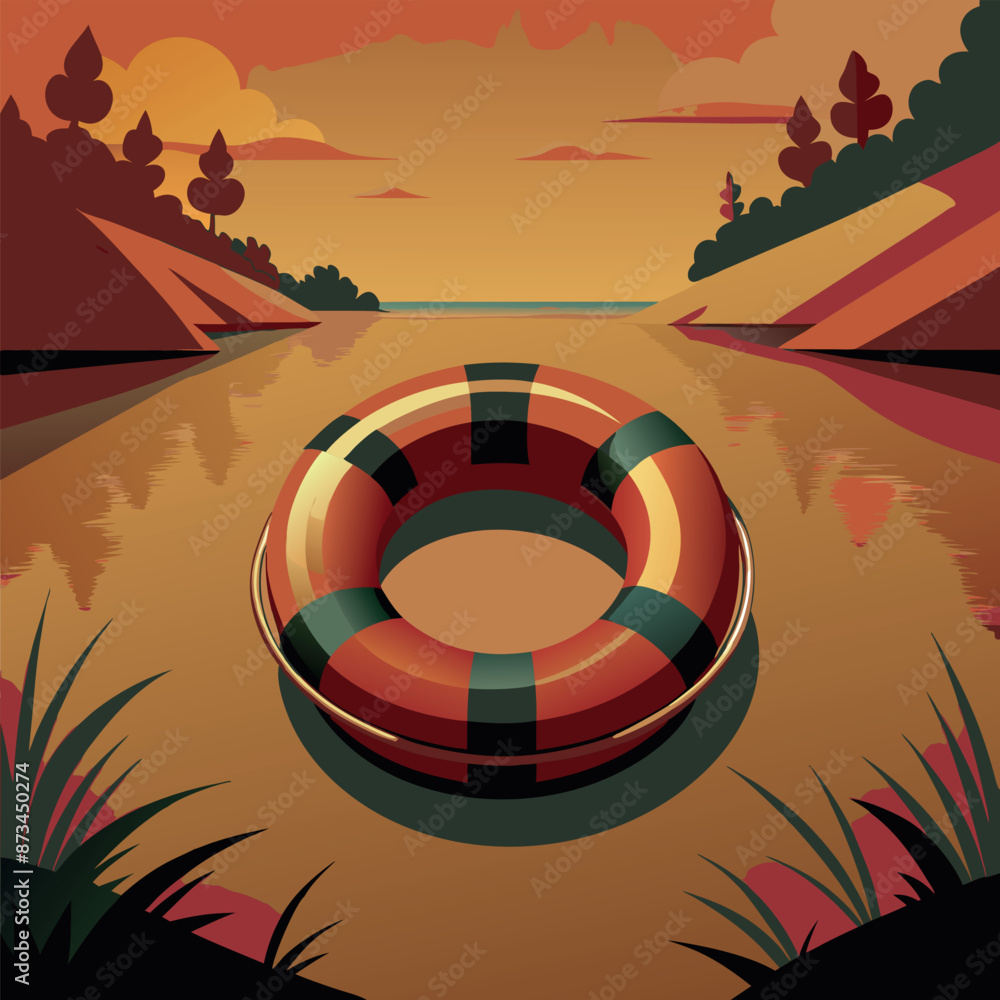 Obraz premium Vibrant illustration of a lifesaver in a serene lake at dusk, surrounded by nature.