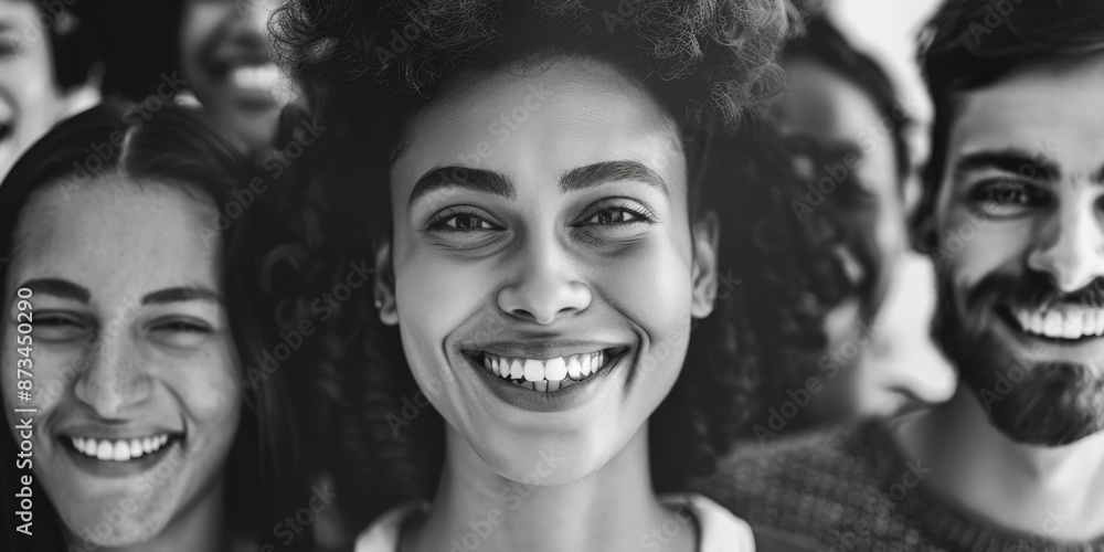 A group of people are smiling and posing for a photo. The woman in the center is the main focus of the image, with her smiling face and hair. The other people in the photo are also smiling A group of people are smiling and posing for a photo. The woman in the center is the main focus of the image, with her smiling face and hair. The other people in the photo are also smiling