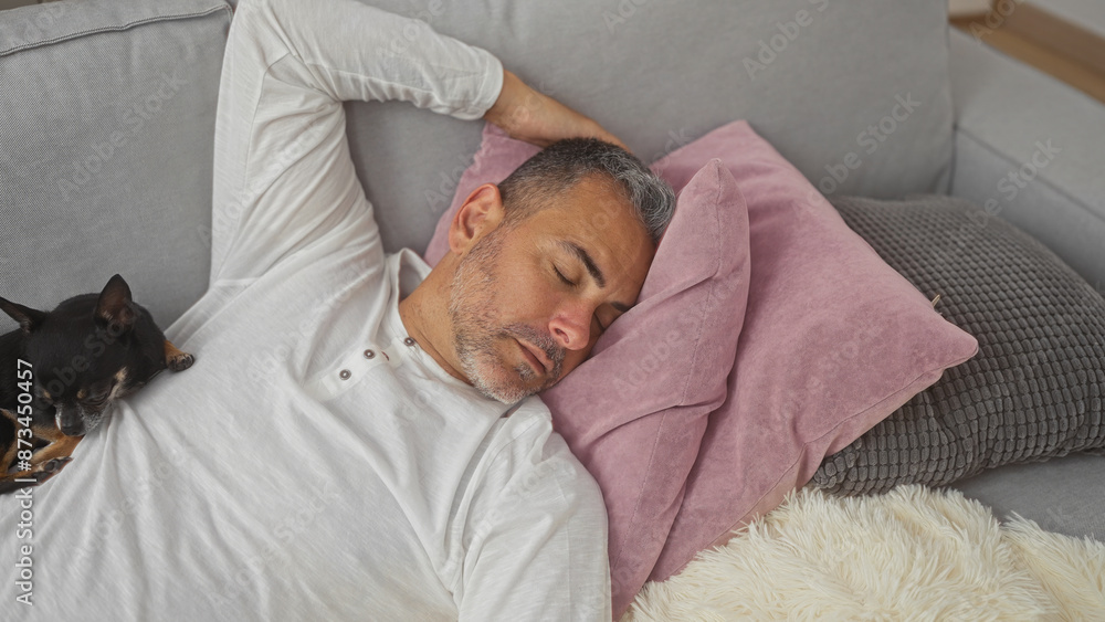 Middle-aged hispanic man sleeping on a couch with a chihuahua in a cozy living room. Middle-aged hispanic man sleeping on a couch with a chihuahua in a cozy living room.