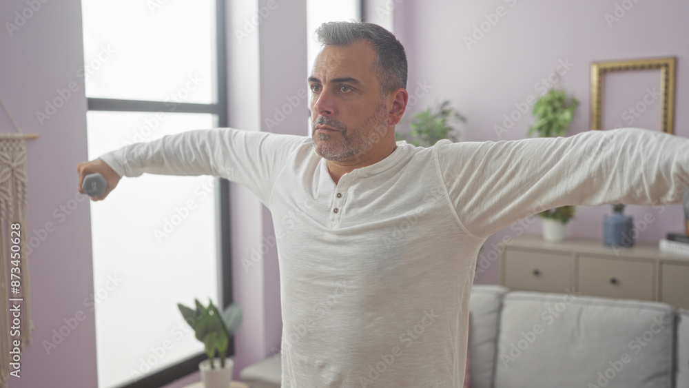 A handsome, grey-haired hispanic man exercises in the living room of his home wearing a white shirt. A handsome, grey-haired hispanic man exercises in the living room of his home wearing a white shirt.