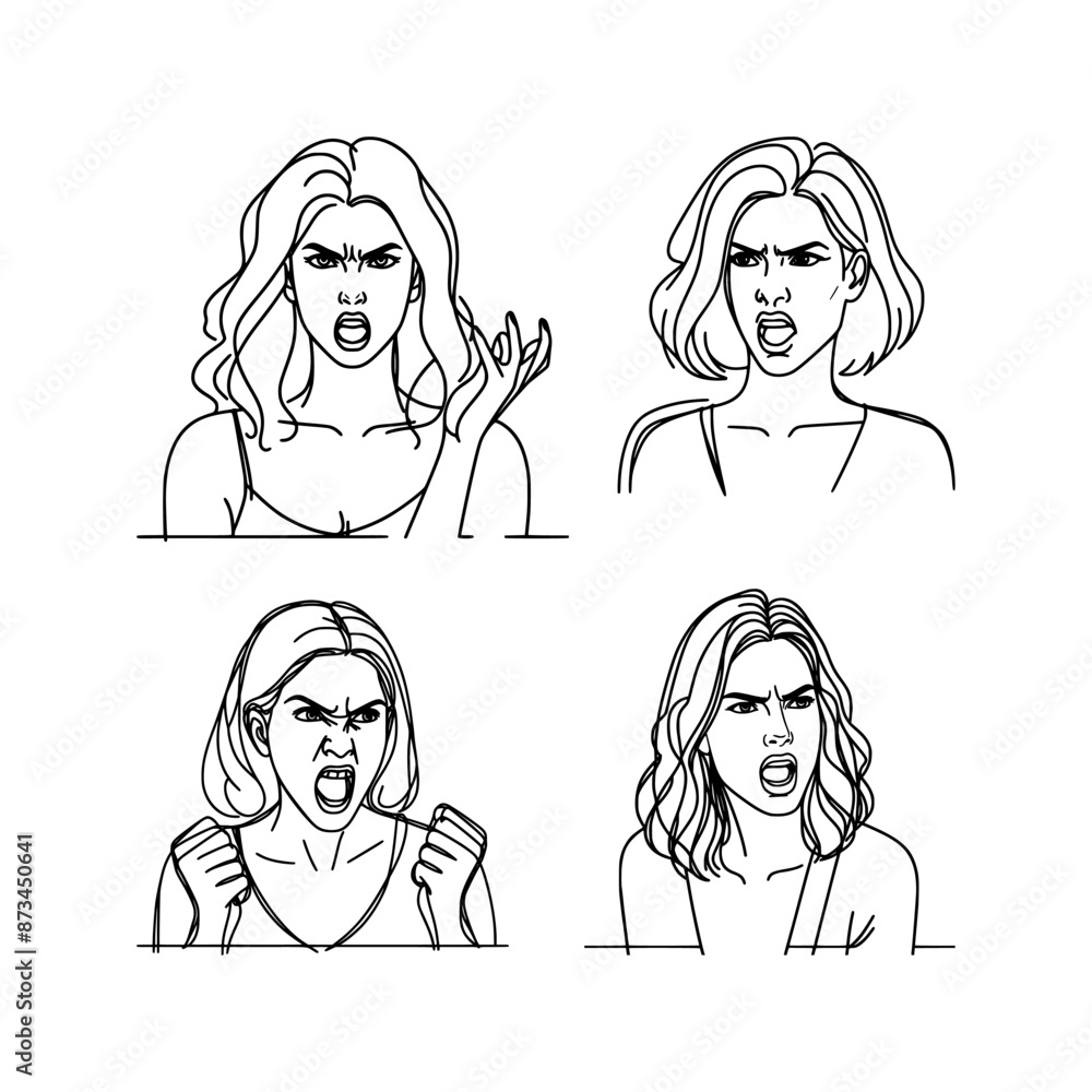 vector set of angry woman expression - line drawing sketch (artwork 3) vector set of angry woman expression - line drawing sketch (artwork 3)