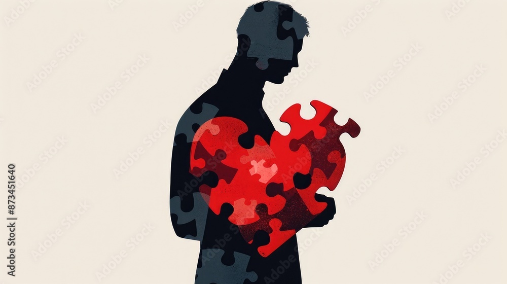 The image shows a man holding a broken heart. The heart is made up of ...