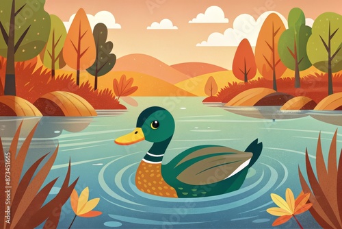 A duck's serene autumn stroll through golden foliage
