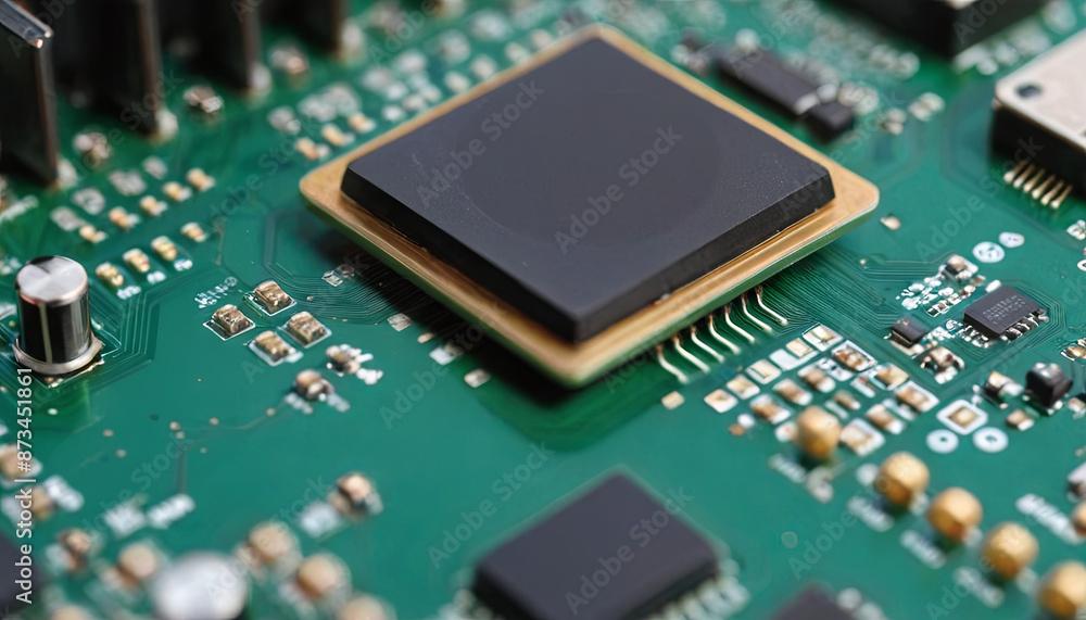 A black microchip sits on a green circuit board A black microchip sits on a green circuit board