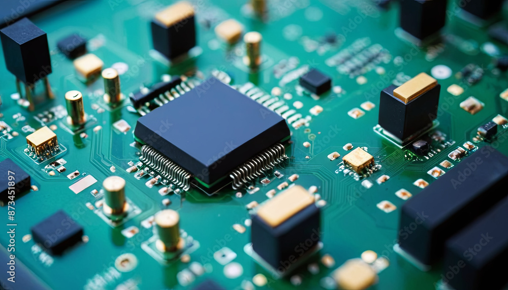 A close-up of a green circuit board, featuring a large integrated circuit chip in the center and smaller components surrounding it A close-up of a green circuit board, featuring a large integrated circuit chip in the center and smaller components surrounding it