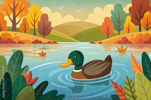 A duck's serene autumnal swim in a tranquil pond